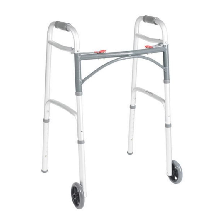 Deluxe Folding Walker, Two Button with 5" Wheels