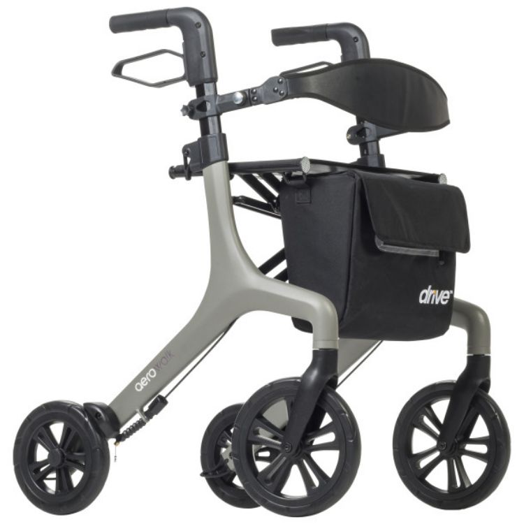 AeroWalk Ultra-Lite Rollator grey wheeled walker with a black seat and a storage bag, suitable for mobility assistance.