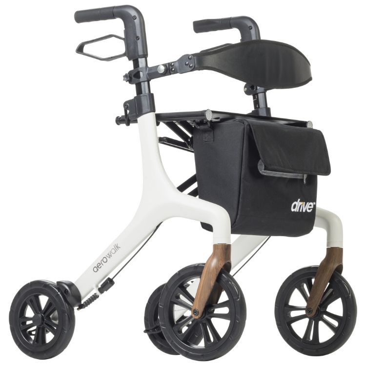 AeroWalk Ultra-Lite a lightweight walker with a white frame, black storage bag, and stylish wooden accents. It features four wheels for easy mobility. 